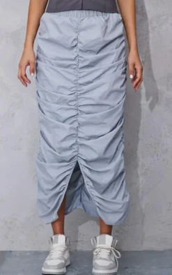 Light Grey Shell Ruched Cargo Midi Skirt