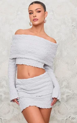 Light Grey Textured Fold Over Long Sleeve Top