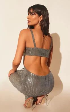 Light Grey Textured Glitter Cut Out Back Maxi Dress