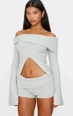 Light Grey Textured Knit Cut Out Foldover Bardot Top