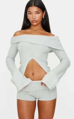 Light Grey Textured Knit Cut Out Foldover Bardot Top