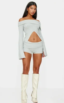 Light Grey Textured Knit Foldover Shorts