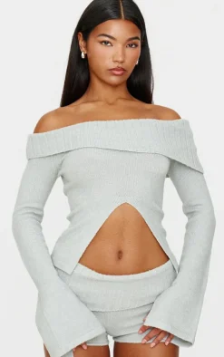 Light Grey Textured Knit Foldover Shorts