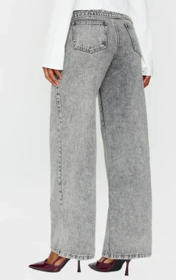 Light Grey Washed Foldover Waist Detail Wide Leg Jeans