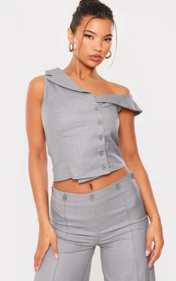 Light Grey Woven Asymmetric Button Up Tailored Top