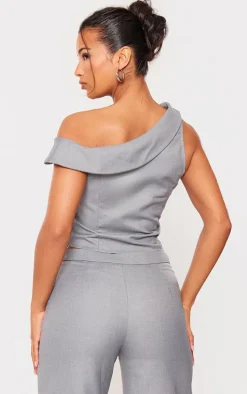 Light Grey Woven Asymmetric Button Up Tailored Top