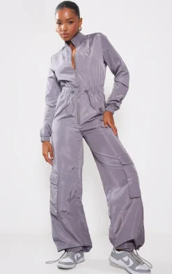 Light Grey Zip Up Toggle Wide Leg Jumpsuit