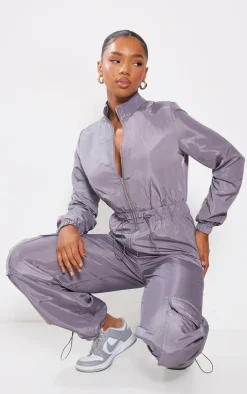 Light Grey Zip Up Toggle Wide Leg Jumpsuit