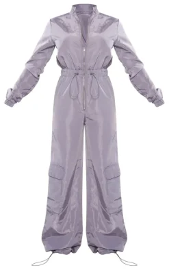 Light Grey Zip Up Toggle Wide Leg Jumpsuit