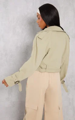 Light Khaki Cropped Belted Hem Trench Coat