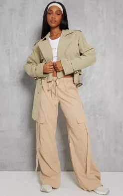 Light Khaki Cropped Belted Hem Trench Coat