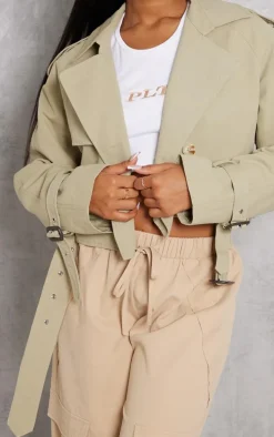 Light Khaki Cropped Belted Hem Trench Coat