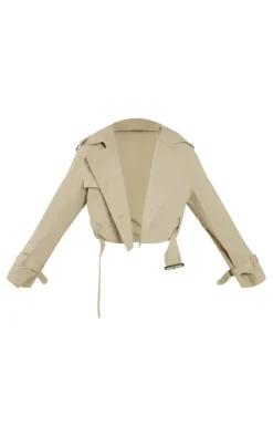 Light Khaki Cropped Belted Hem Trench Coat