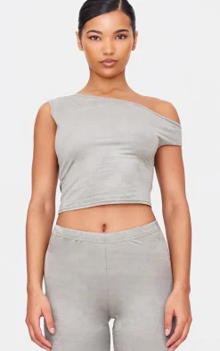 Light Khaki Faux Suede Asymmetric Crop Top