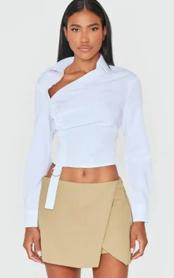 Light Khaki Tailored Woven Wrap Front Skort