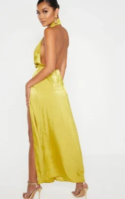 Light Lime Hammered Satin Halterneck Maxi Dress