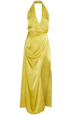 Light Lime Hammered Satin Halterneck Maxi Dress