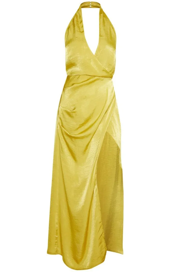 Light Lime Hammered Satin Halterneck Maxi Dress