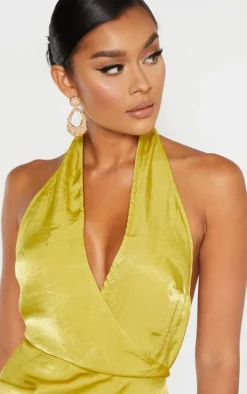 Light Lime Hammered Satin Halterneck Maxi Dress