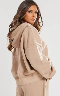 Light Mocha Premium Washed Tonal Print Zip Up Boxy Hoodie