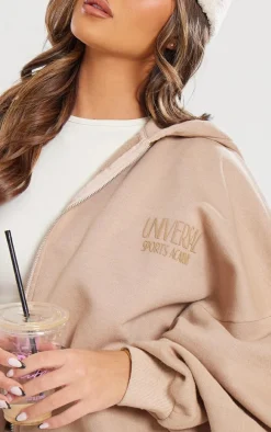 Light Mocha Premium Washed Tonal Print Zip Up Boxy Hoodie