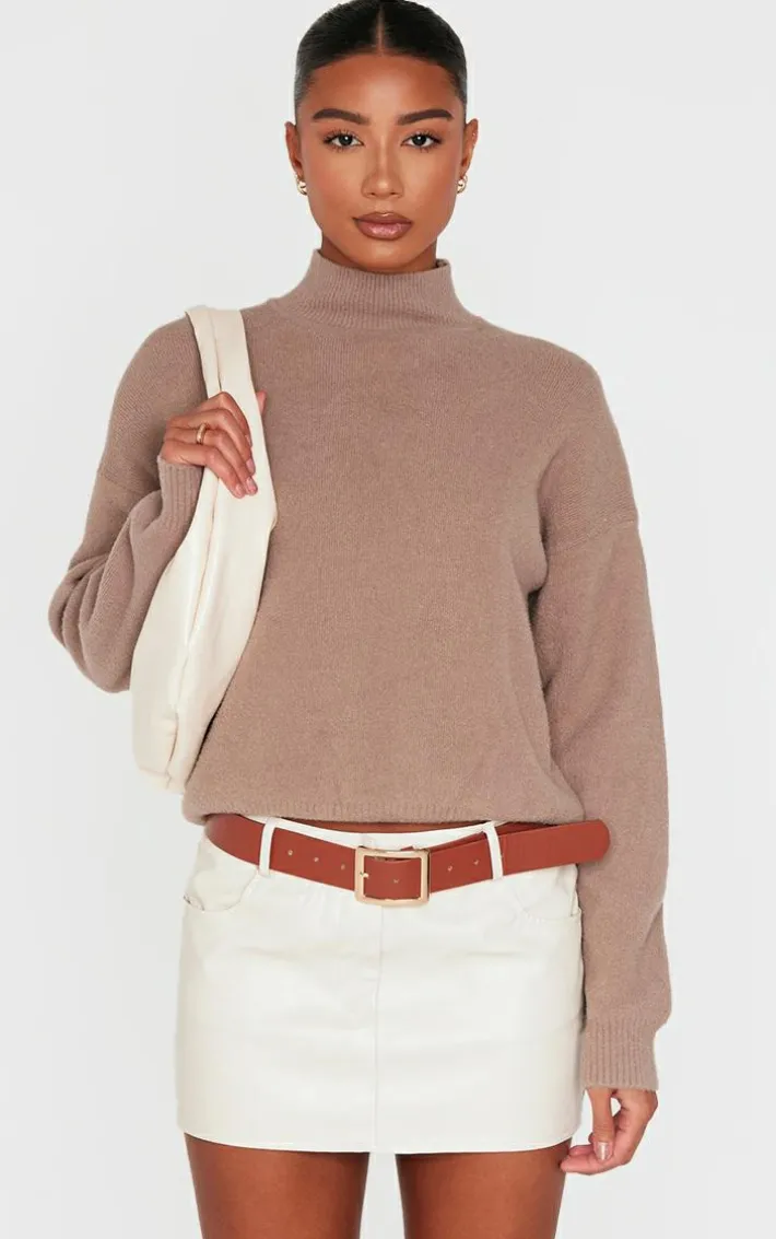 Light Mocha Soft Knit High Neck Oversized Sweater