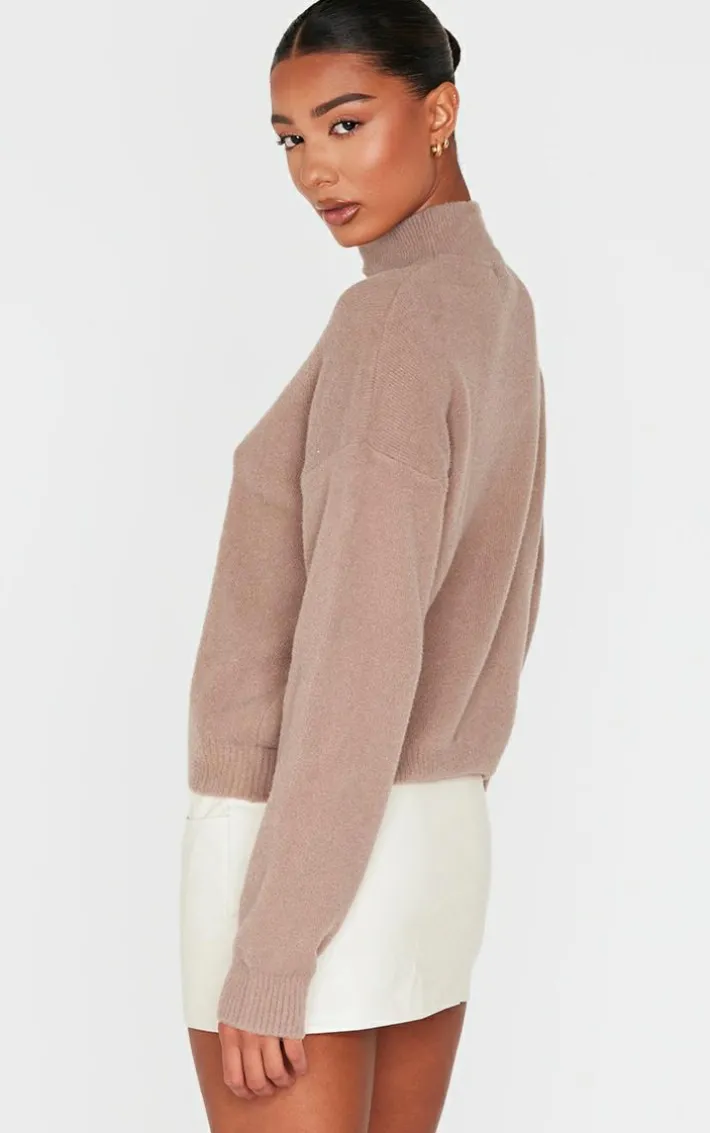 Light Mocha Soft Knit High Neck Oversized Sweater