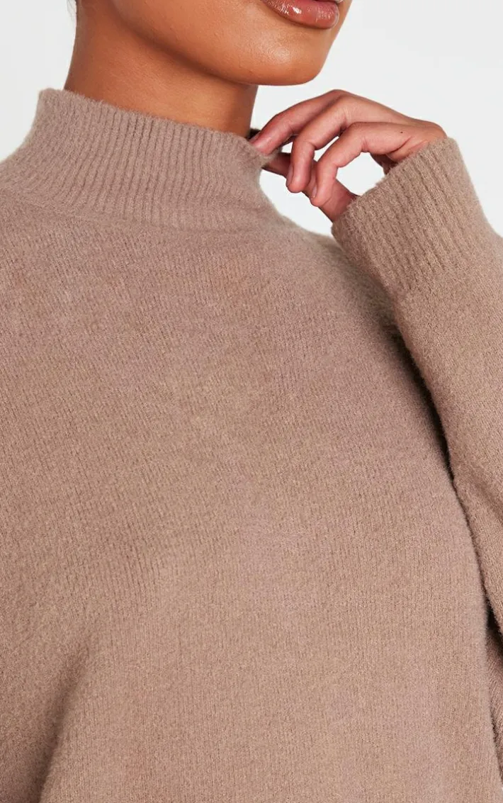 Light Mocha Soft Knit High Neck Oversized Sweater