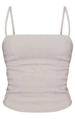 Light Mocha Stretch Woven Square Neck Tailored Long Top