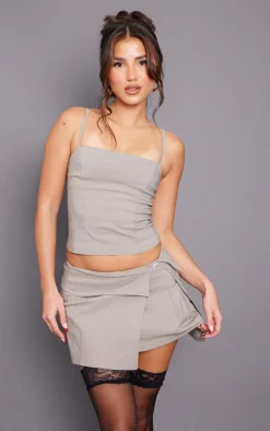 Light Mocha Stretch Woven Mid Rise Pleated Micro Mini Skirt