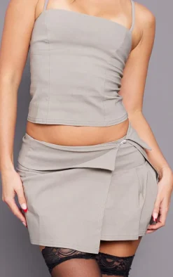 Light Mocha Stretch Woven Mid Rise Pleated Micro Mini Skirt