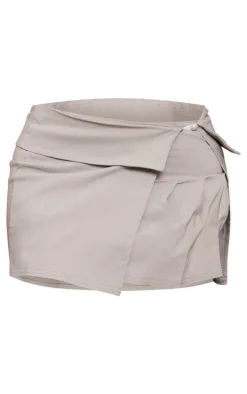Light Mocha Stretch Woven Mid Rise Pleated Micro Mini Skirt