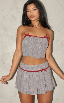 Light Mocha Woven Houndstooth Bow Boned Corset