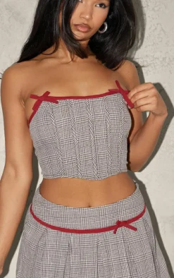 Light Mocha Woven Houndstooth Bow Boned Corset