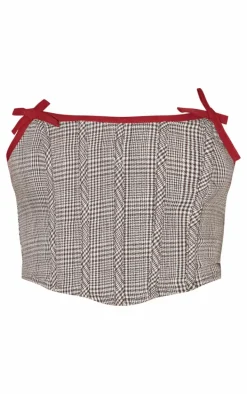 Light Mocha Woven Houndstooth Bow Boned Corset