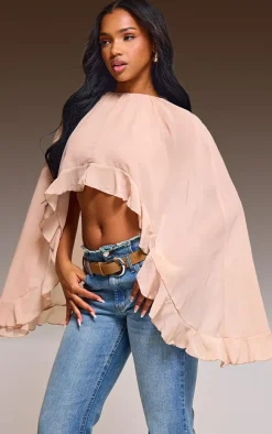 Light Nude Chiffon Frill Hem Cape Crop Top