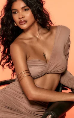 Light Nude Double Layer Mesh Twist Ruched Detail Bodycon Dress