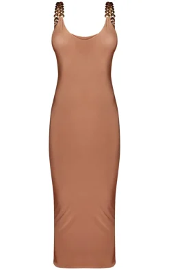 Light Nude Double Layer Slinky Chunky Chain Detail Midaxi Dress