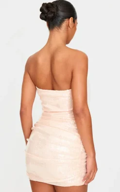 Light Nude Sequin Draped Bandeau Bodycon Dress