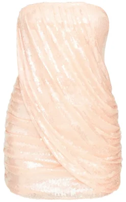 Light Nude Sequin Draped Bandeau Bodycon Dress