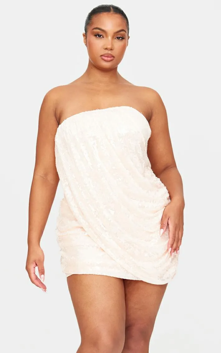 Light Nude Sequin Draped Bandeau Bodycon Dress