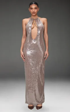 Light Nude Sequin High Neck Plunge Maxi Dress