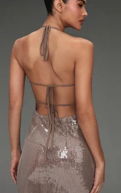 Light Nude Sequin High Neck Plunge Maxi Dress