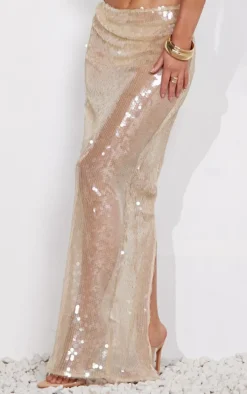 Light Nude Sheer Sequin High Waist Maxi Skirt