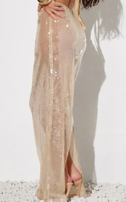 Light Nude Sheer Sequin High Waist Maxi Skirt