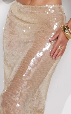 Light Nude Sheer Sequin High Waist Maxi Skirt
