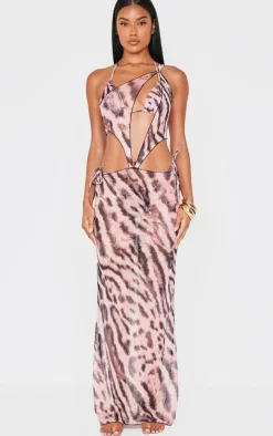 Light Pink Animal Print One Shoulder Mesh Maxi Beach Dress
