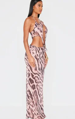 Light Pink Animal Print One Shoulder Mesh Maxi Beach Dress