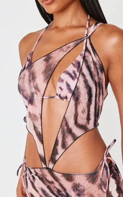 Light Pink Animal Print One Shoulder Mesh Maxi Beach Dress