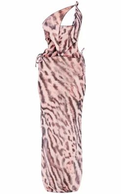 Light Pink Animal Print One Shoulder Mesh Maxi Beach Dress
